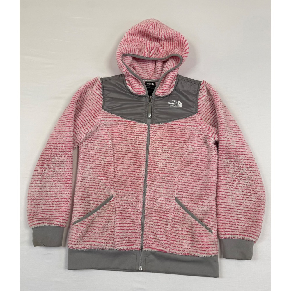 The North Face Girls Pink White Striped Full Zip Hooded‎ Fleece Jacket L (14/16)